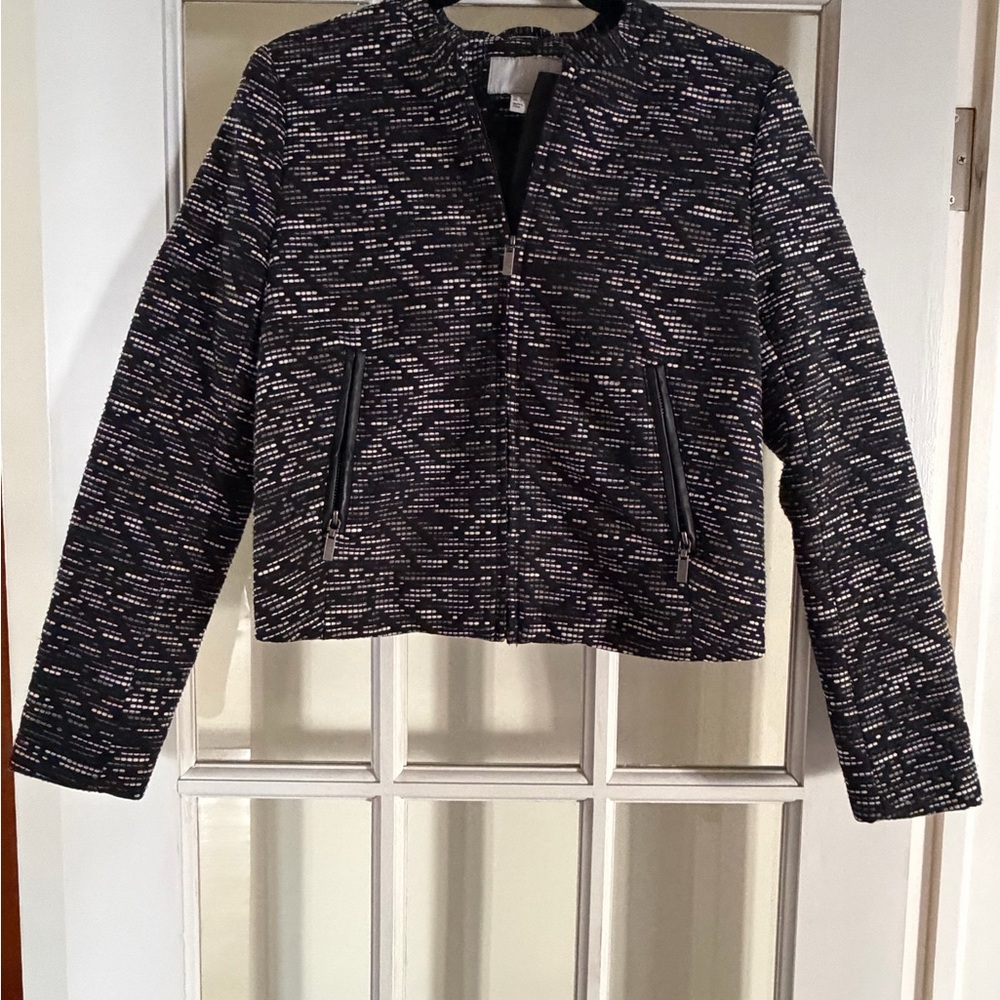 H&M Black Moto Embroidered knit zip jacket.